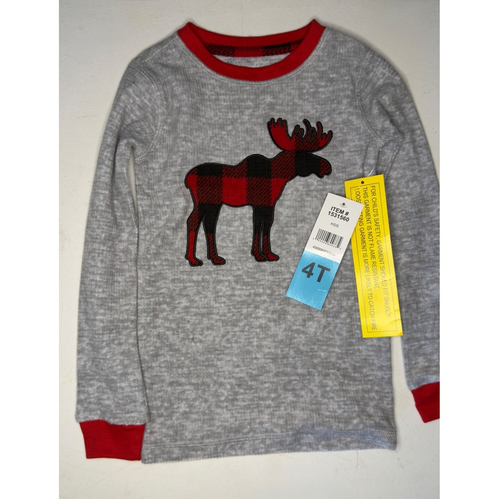 Kids Gray Thermal Waffle Knit Pajama Top Red Buffalo Plaid Moose 4T
